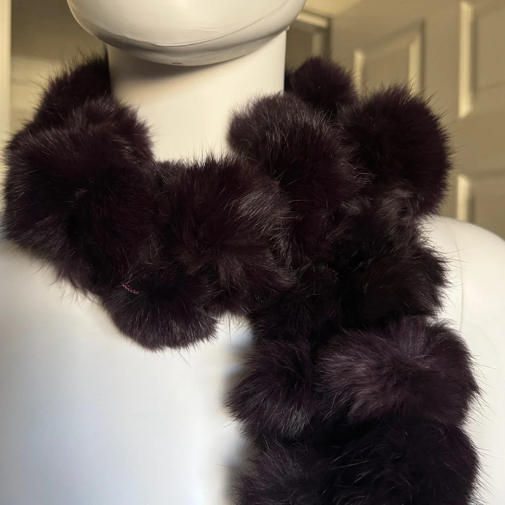 Rex Rabbit Fur Pom Pom Scarf Like New in Burgundy